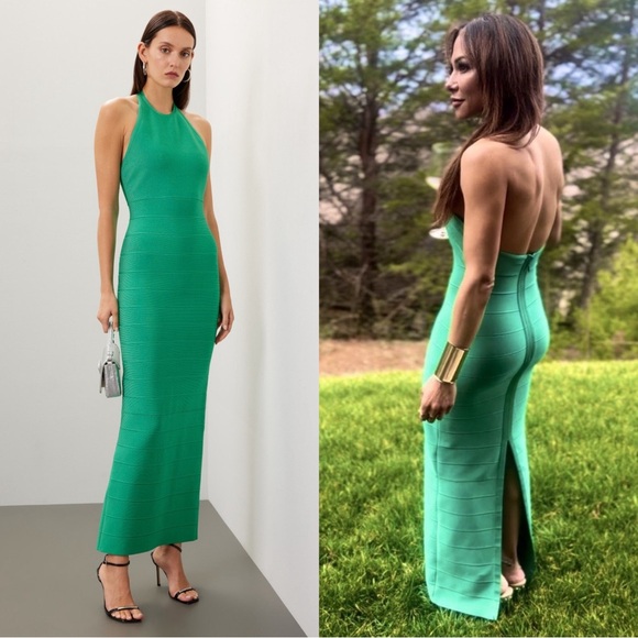 Herve Léger Sleeveless Halter Bandage Maxi Gown Size XS Kelly Green